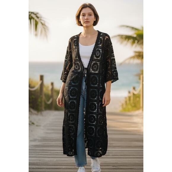 Black crochet full length tie front sweater-One  Size- NWT - Picture 3 of 5